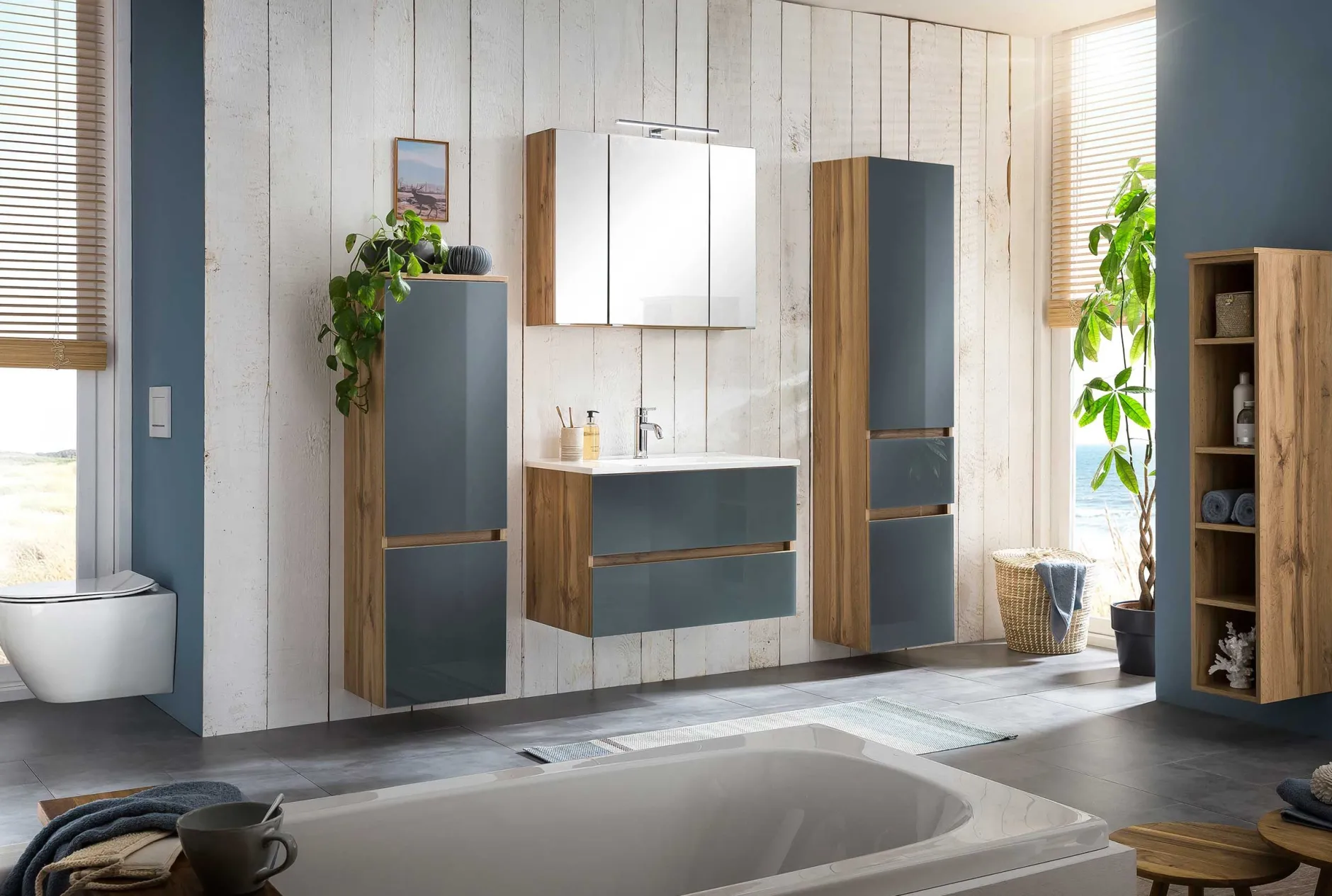 Badezimmerset Helsinki | Waschtischschrank, Spiegelschrank, Hängeschrank, Säulenschrank | Wotan Eiche/grau-design
