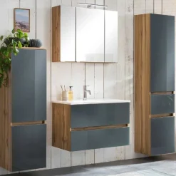 Badezimmerset Helsinki | Waschtischschrank, Spiegelschrank, Hängeschrank, Säulenschrank | Wotan Eiche/grau-design
