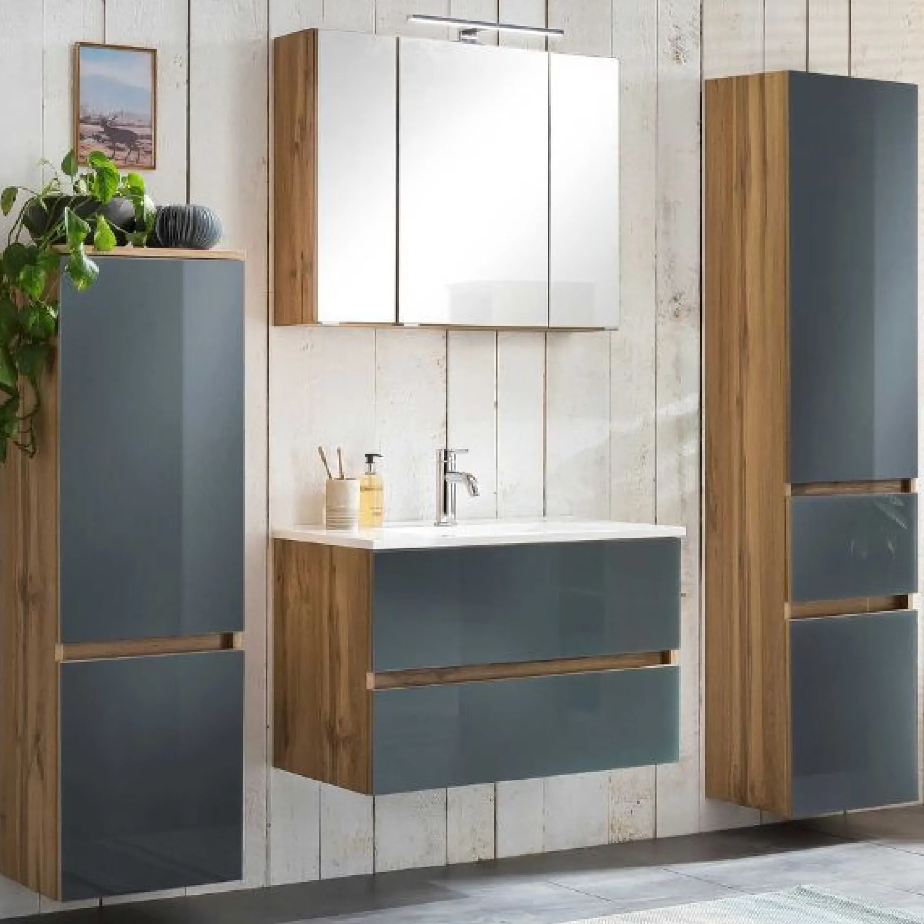 Badezimmerset Helsinki | Waschtischschrank, Spiegelschrank, Hängeschrank, Säulenschrank | Wotan Eiche/grau-design