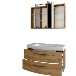 Badezimmerset Manchester | Waschbeckenschrank und Spiegelschrank mit Beleuchtung | Wotan Eiche Design