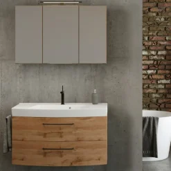 Badezimmerset Manchester | Waschbeckenschrank und Spiegelschrank mit Beleuchtung | Wotan Eiche Design