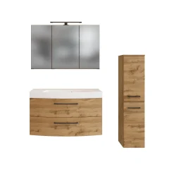 Badezimmerset Manchester | Waschtischschrank, Säulenschrank, Spiegelschrank mit Beleuchtung | Eiche Wotan