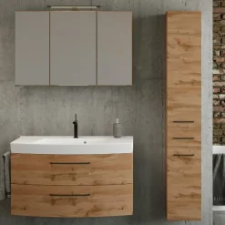 Badezimmerset Manchester | Waschtischschrank, Säulenschrank, Spiegelschrank mit Beleuchtung | Eiche Wotan