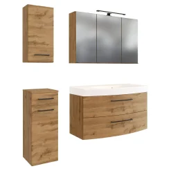 Badezimmerset Manchester | Waschtischschrank, Säulenschrank, Hängeschrank, Spiegelschrank mit Beleuchtung | Eiche Wotan