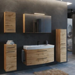 Badezimmerset Manchester | Waschtischschrank, Säulenschrank, Spiegelschrank mit Beleuchtung, Hängeschrank, Beistellschrank | Eiche Wotan
