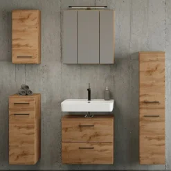 Badezimmerset Manchester | Waschtischschrank, Säulenschrank, Spiegelschrank mit Beleuchtung, Hängeschrank, Beistellschrank | Eiche Wotan