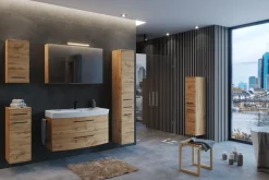 Badezimmerset Manchester | Waschtischschrank, Säulenschrank, Spiegelschrank mit Beleuchtung, Hängeschrank, Beistellschrank | Eiche Wotan