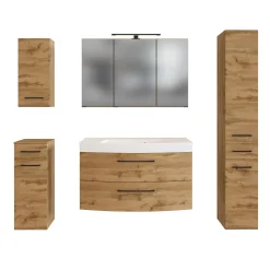 Badezimmerset Manchester | Waschtischschrank, Säulenschrank, Spiegelschrank mit Beleuchtung, Hängeschrank, Beistellschrank | Eiche Wotan