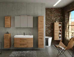 Badezimmerset Manchester | Waschtischschrank, Säulenschrank, Spiegelschrank mit Beleuchtung, Hängeschrank, Beistellschrank | Eiche Wotan