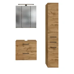 Badezimmerset Manchester | Waschtischschrank, Spiegelschrank, Säulenschrank | Eiche Wotan