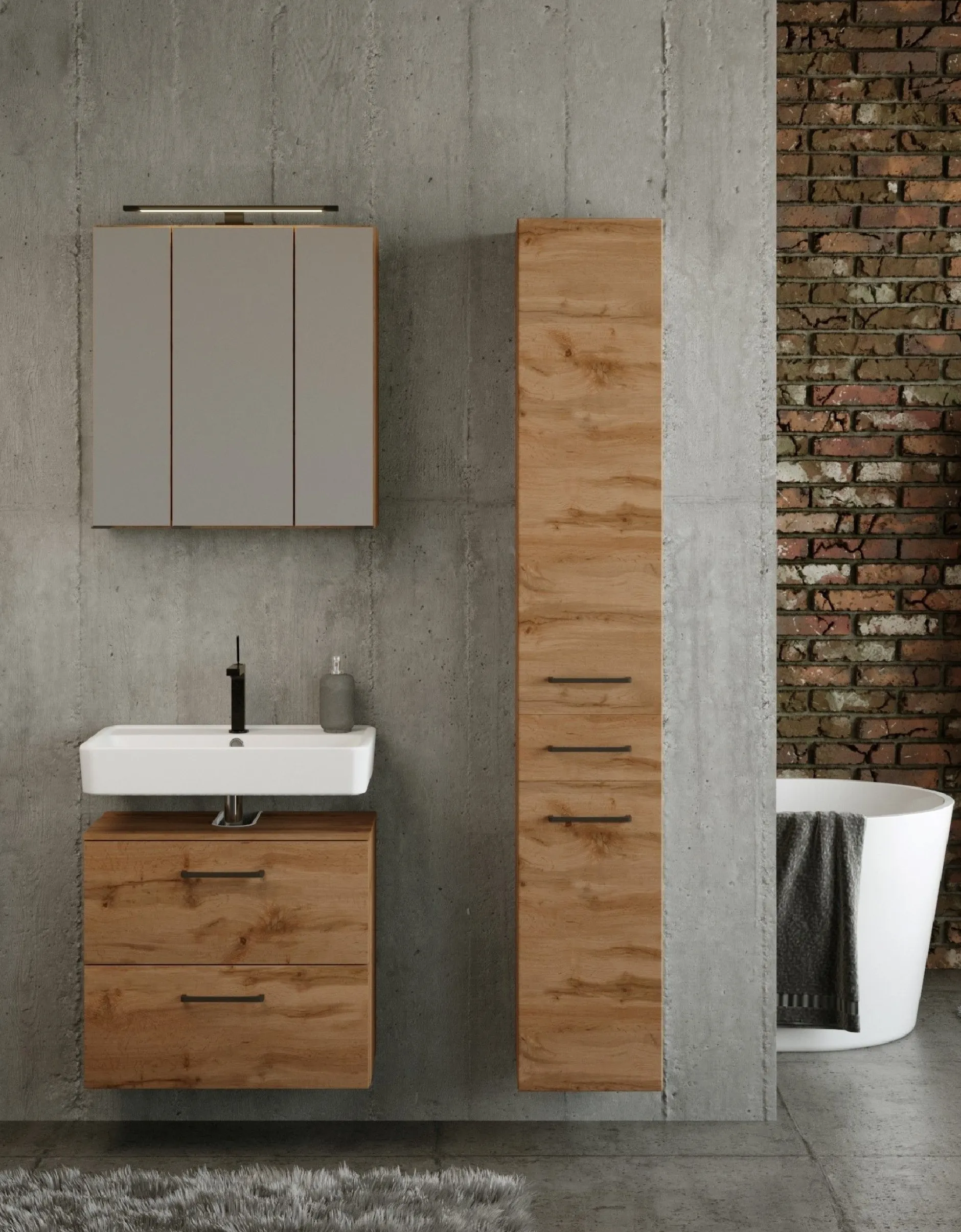 Badezimmerset Manchester | Waschtischschrank, Spiegelschrank, Säulenschrank | Eiche Wotan