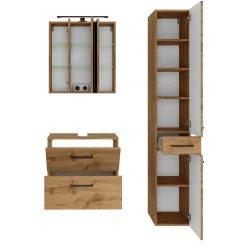Badezimmerset Manchester | Waschtischschrank, Spiegelschrank, Säulenschrank | Eiche Wotan