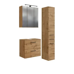 Badezimmerset Manchester | Waschtischschrank, Spiegelschrank, Säulenschrank | Eiche Wotan