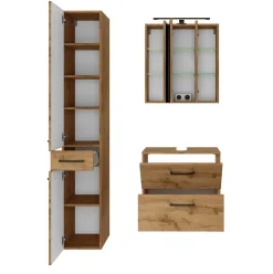 Badezimmerset Manchester | Waschtischschrank, Spiegelschrank, Säulenschrank | Eiche Wotan
