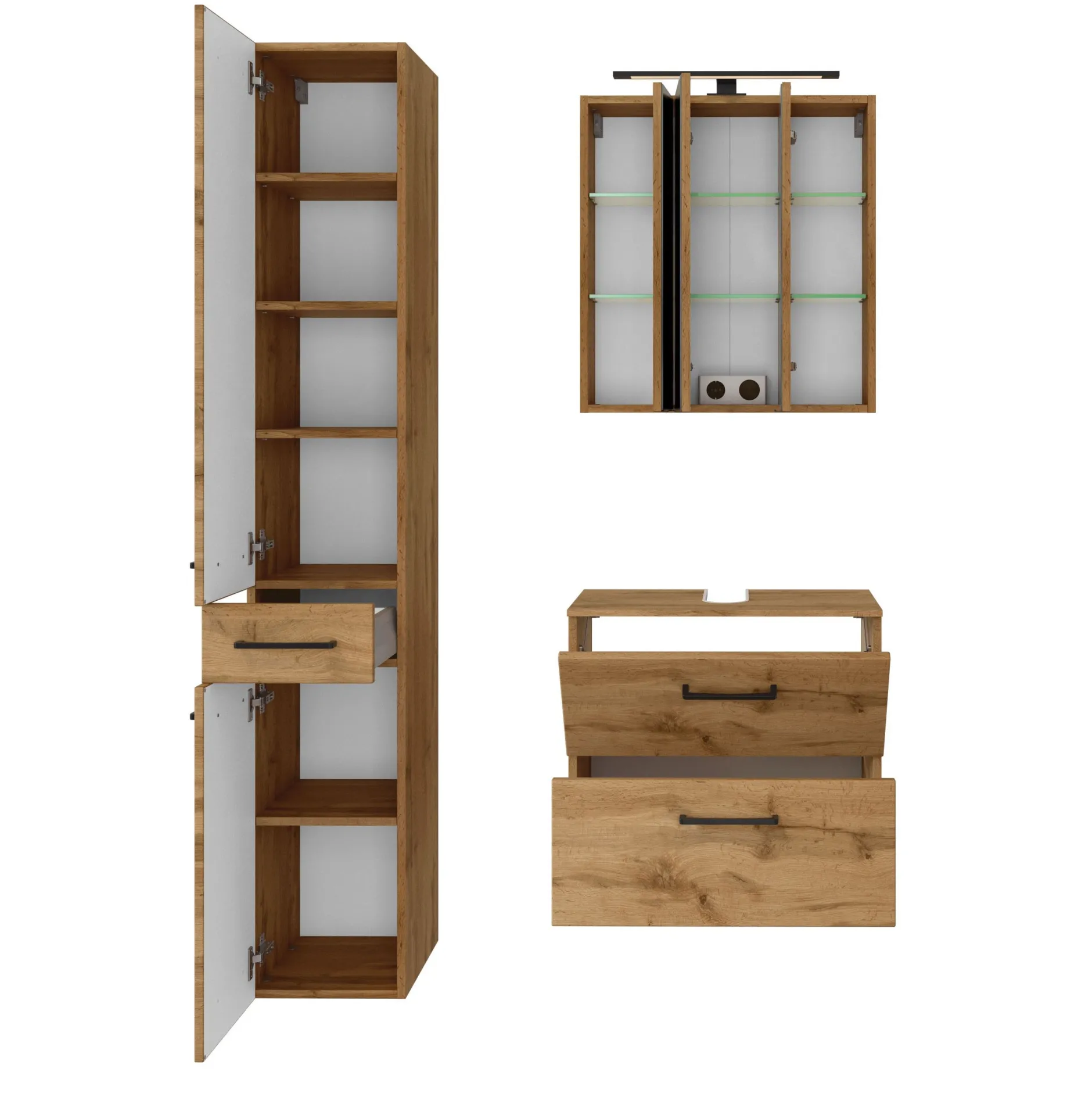 Badezimmerset Manchester | Waschtischschrank, Spiegelschrank, Säulenschrank | Eiche Wotan