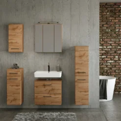Badezimmerset Manchester | Waschtischschrank, Säulenschrank, Spiegelschrank mit Beleuchtung, Hängeschrank, Beistellschrank | Eiche Wotan