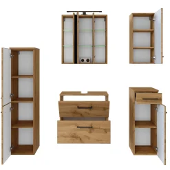 Badezimmerset Manchester | Waschtischschrank, Säulenschrank, Spiegelschrank mit Beleuchtung, Hängeschrank, Beistellschrank | Eiche Wotan
