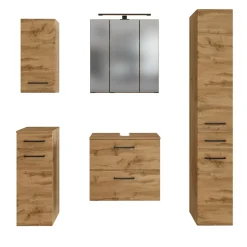 Badezimmerset Manchester | Waschtischschrank, Säulenschrank, Spiegelschrank mit Beleuchtung, Hängeschrank, Beistellschrank | Eiche Wotan