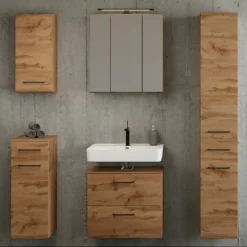 Badezimmerset Manchester | Waschtischschrank, Säulenschrank, Spiegelschrank mit Beleuchtung, Hängeschrank, Beistellschrank | Eiche Wotan