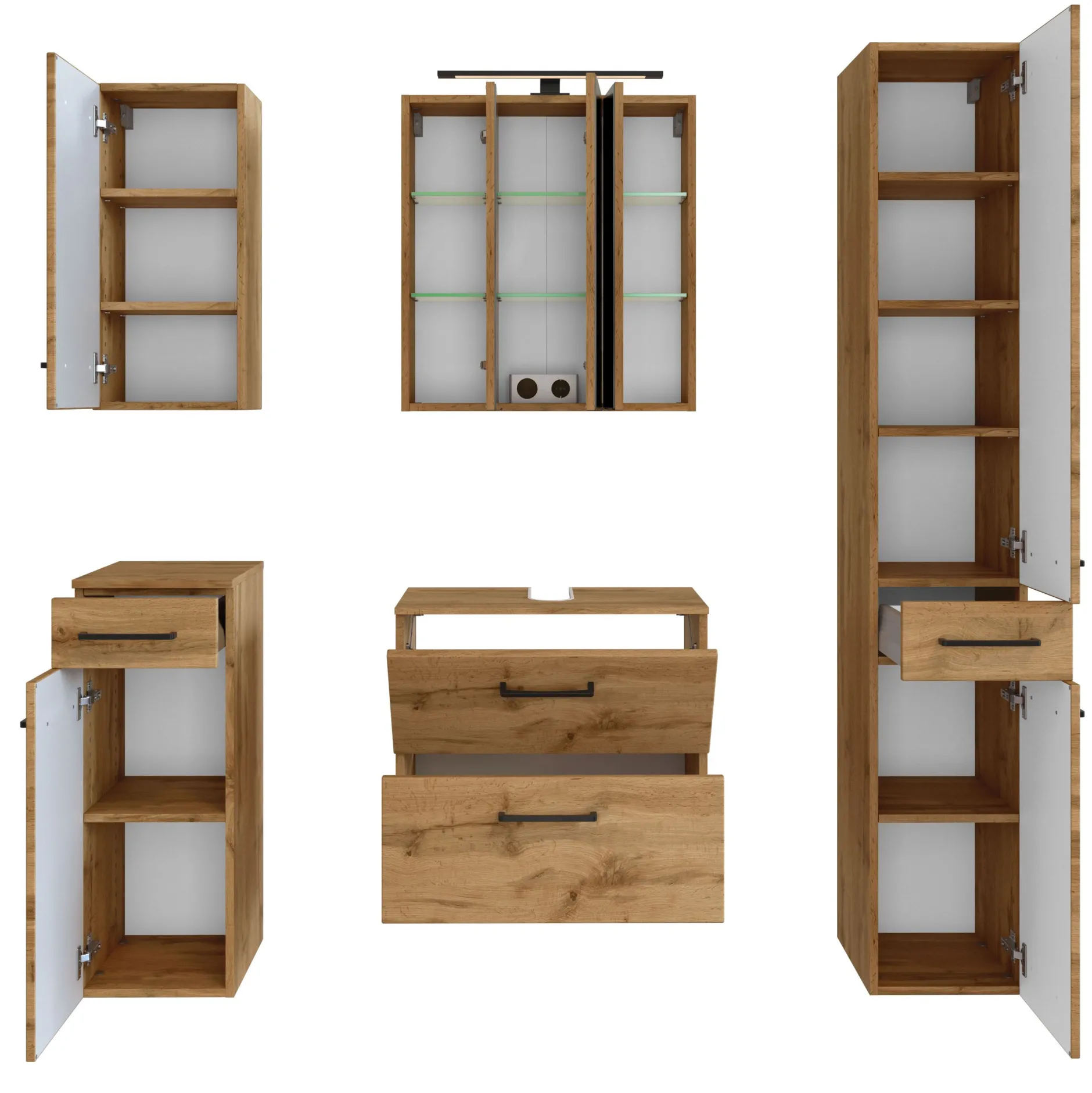 Badezimmerset Manchester | Waschtischschrank, Säulenschrank, Spiegelschrank mit Beleuchtung, Hängeschrank, Beistellschrank | Eiche Wotan