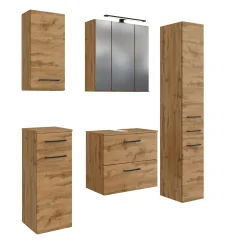 Badezimmerset Manchester | Waschtischschrank, Säulenschrank, Spiegelschrank mit Beleuchtung, Hängeschrank, Beistellschrank | Eiche Wotan