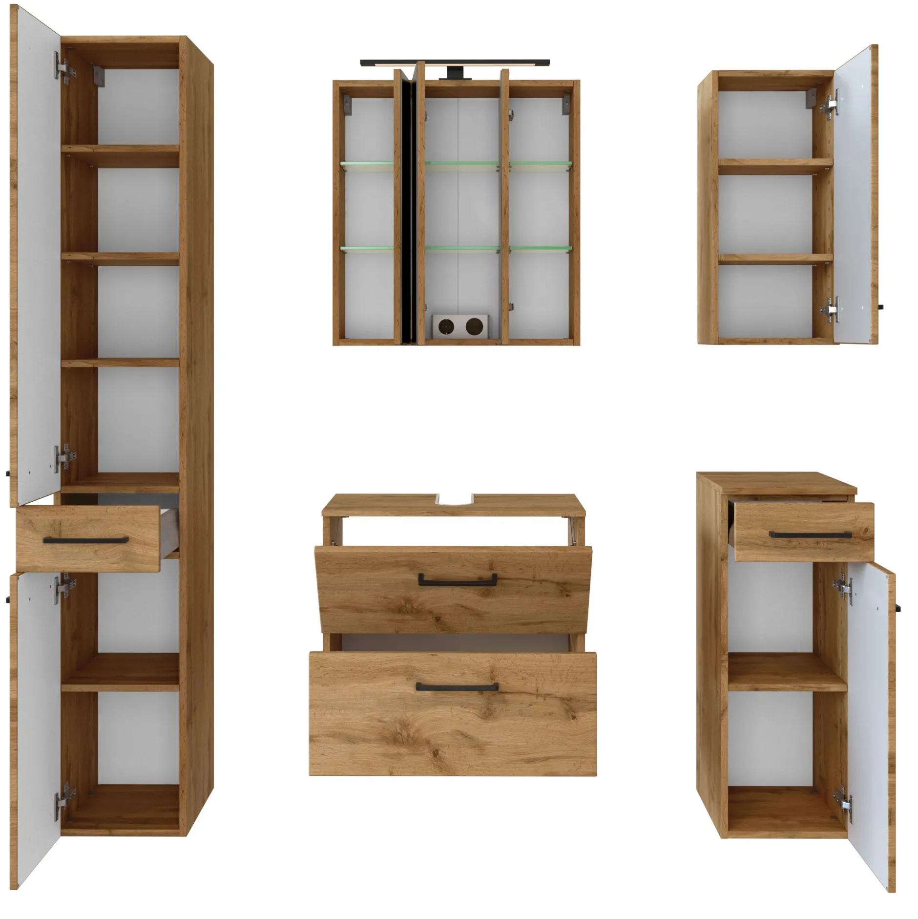 Badezimmerset Manchester | Waschtischschrank, Säulenschrank, Spiegelschrank mit Beleuchtung, Hängeschrank, Beistellschrank | Eiche Wotan
