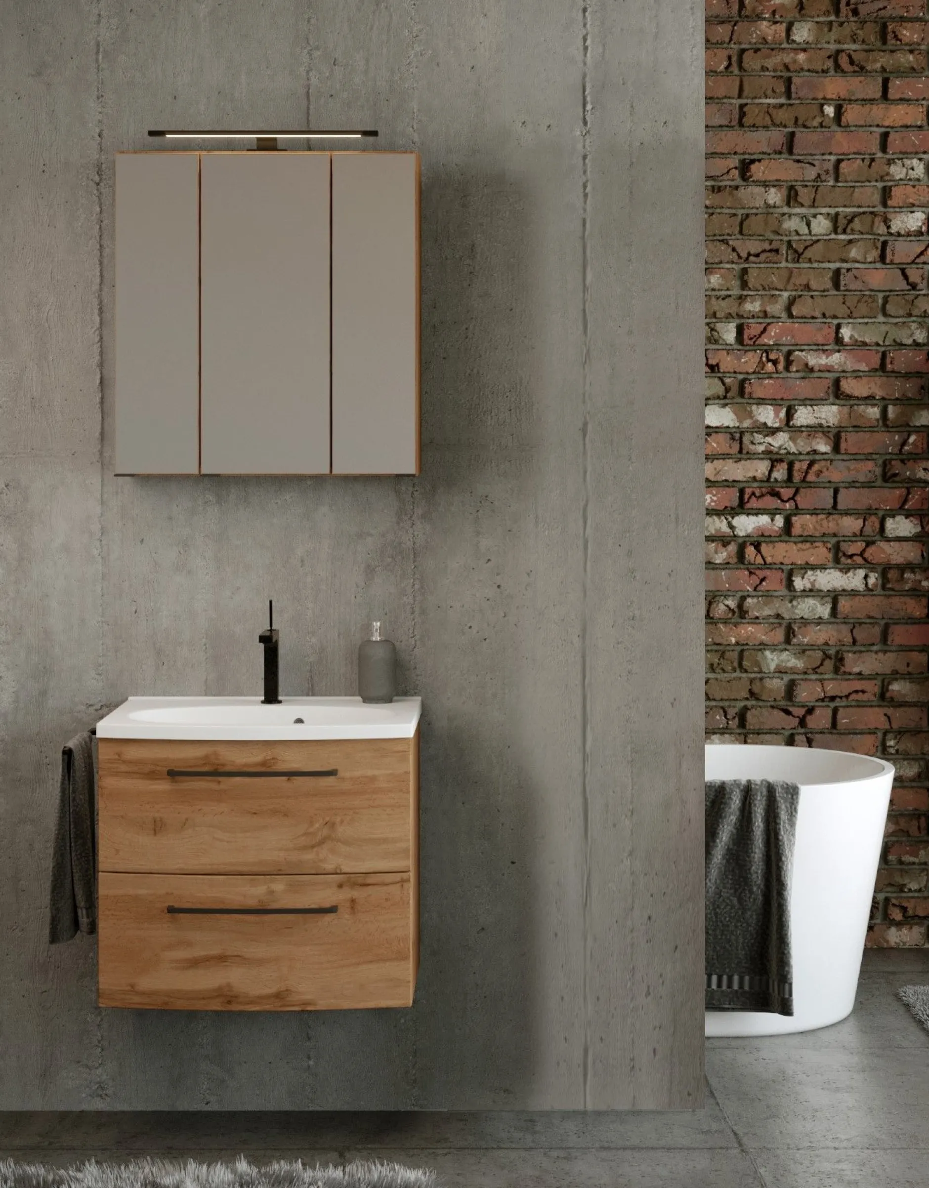 Badezimmerset Manchester | Waschbeckenschrank und Spiegelschrank mit Beleuchtung | Wotan Eiche Design