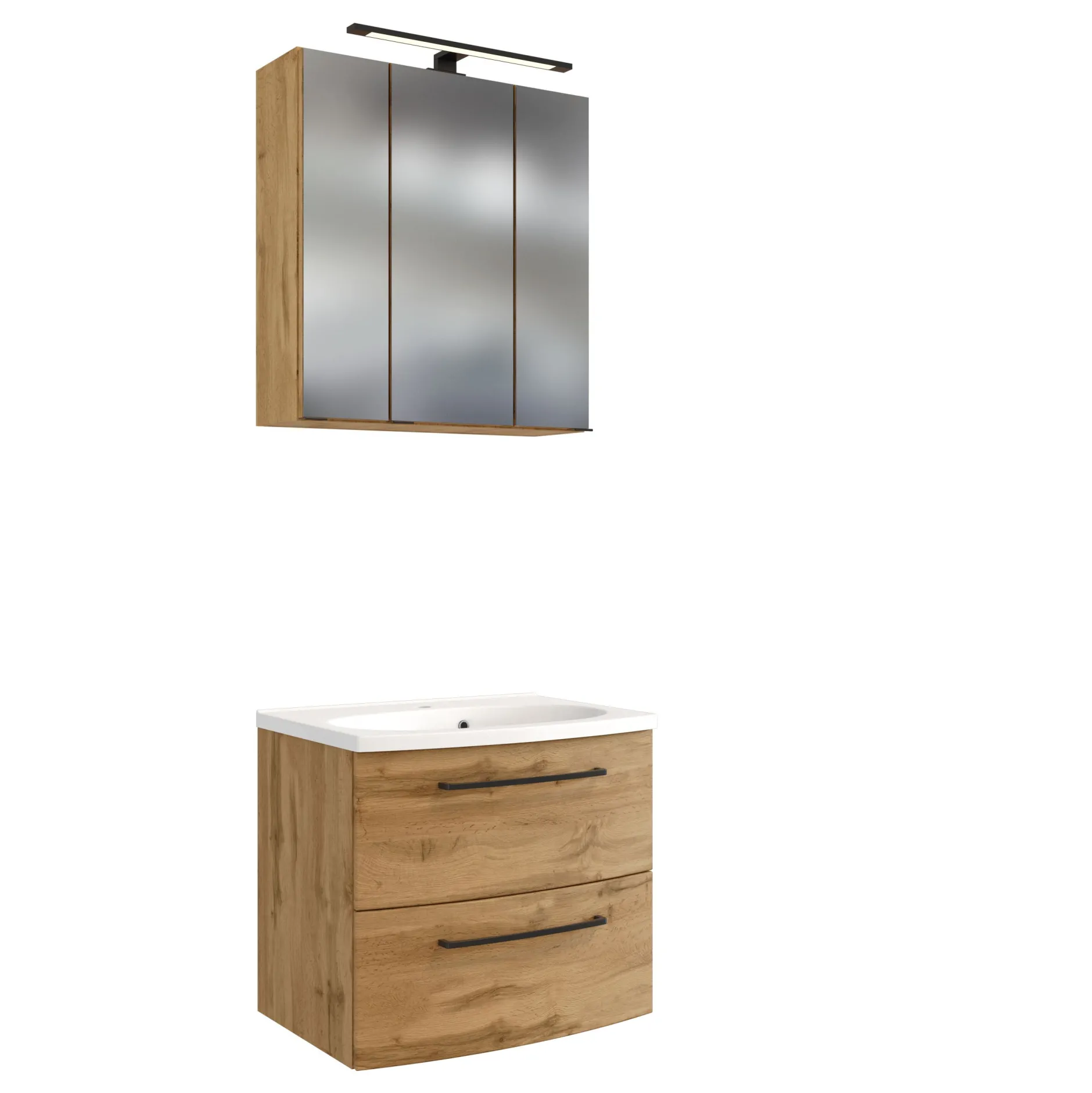 Badezimmerset Manchester | Waschbeckenschrank und Spiegelschrank mit Beleuchtung | Wotan Eiche Design