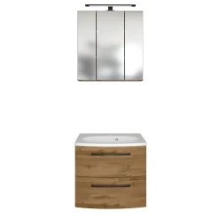 Badezimmerset Manchester | Waschbeckenschrank und Spiegelschrank mit Beleuchtung | Wotan Eiche Design