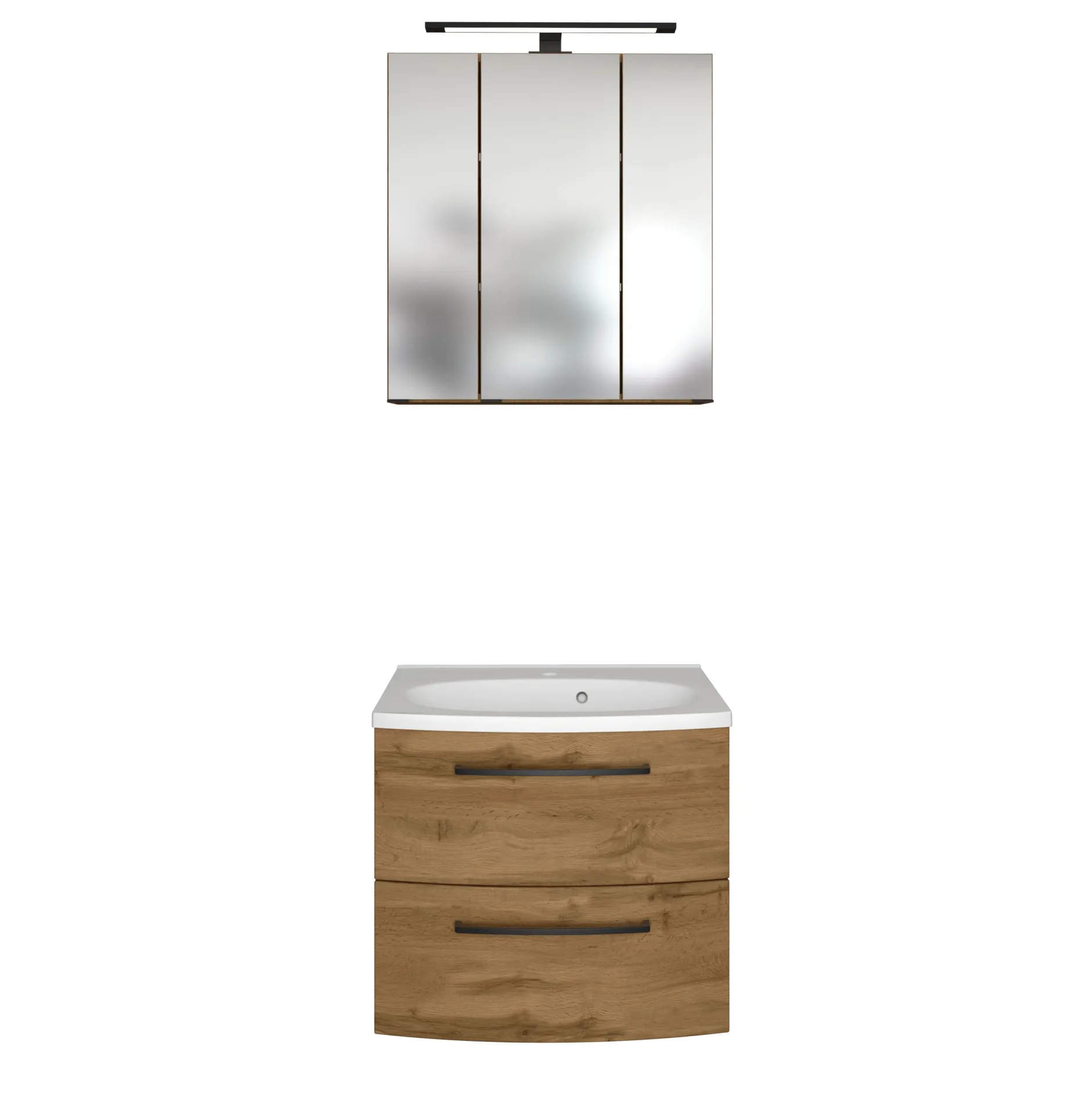 Badezimmerset Manchester | Waschbeckenschrank und Spiegelschrank mit Beleuchtung | Wotan Eiche Design