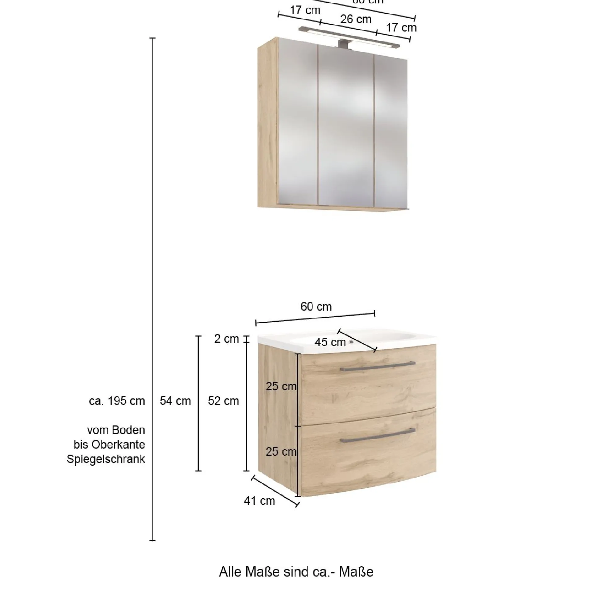 Badezimmerset Manchester | Waschbeckenschrank und Spiegelschrank mit Beleuchtung | Wotan Eiche Design