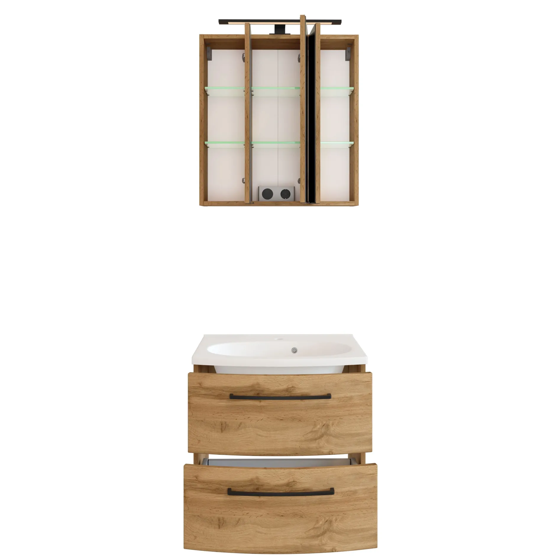 Badezimmerset Manchester | Waschbeckenschrank und Spiegelschrank mit Beleuchtung | Wotan Eiche Design