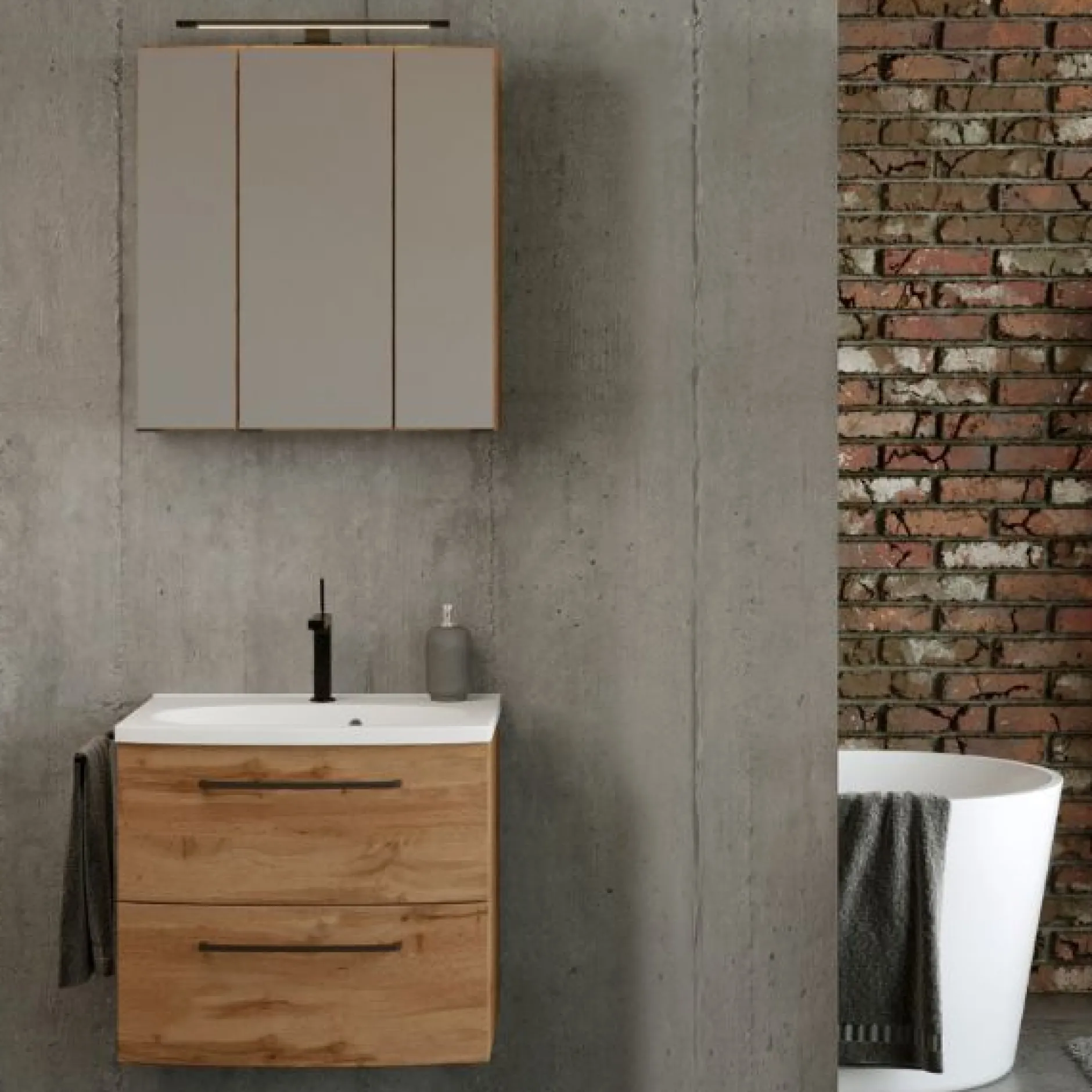 Badezimmerset Manchester | Waschbeckenschrank und Spiegelschrank mit Beleuchtung | Wotan Eiche Design