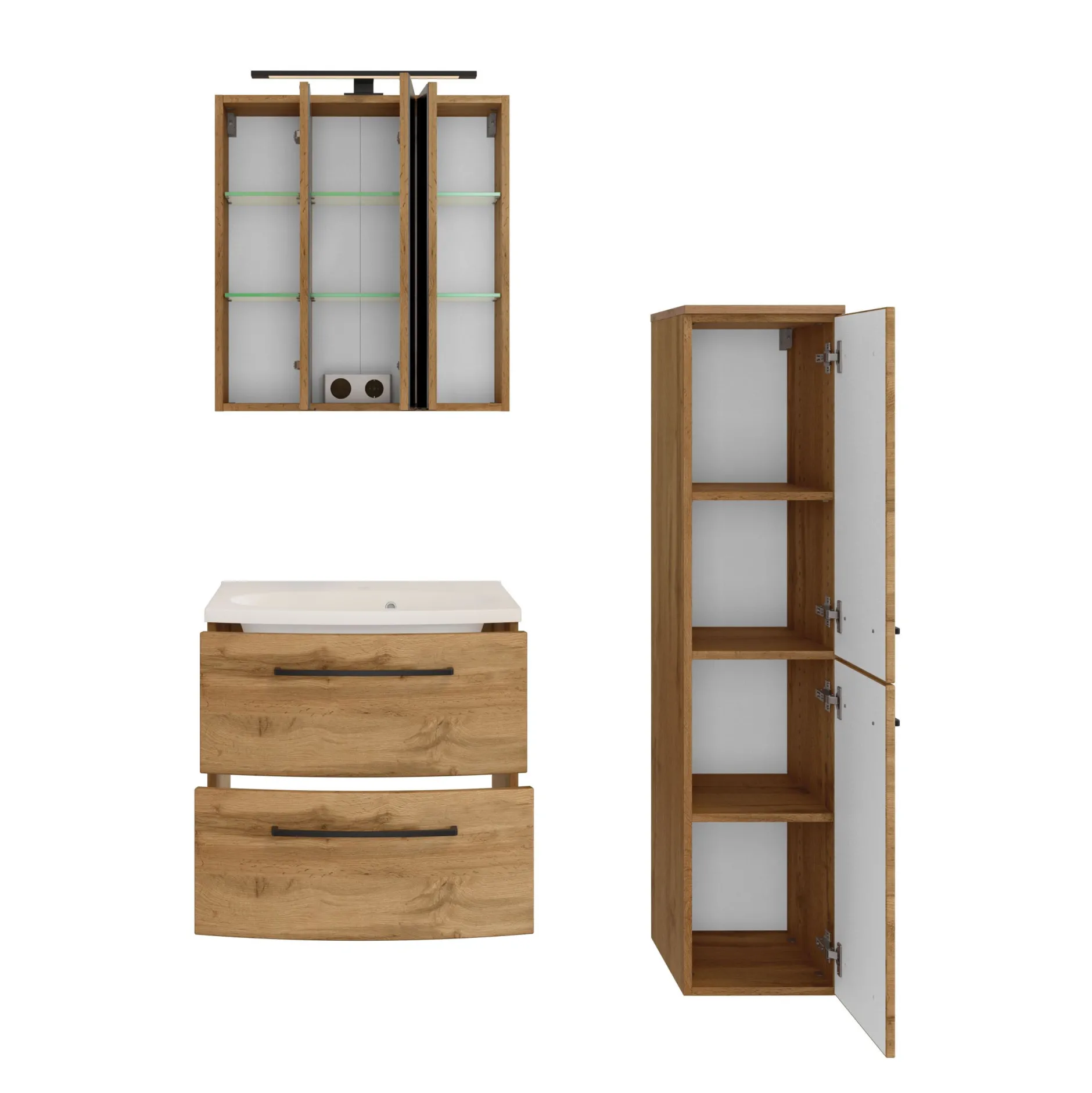 Badezimmerset Manchester | Waschtischschrank, Spiegelschrank, Säulenschrank | Wotan Eiche Design