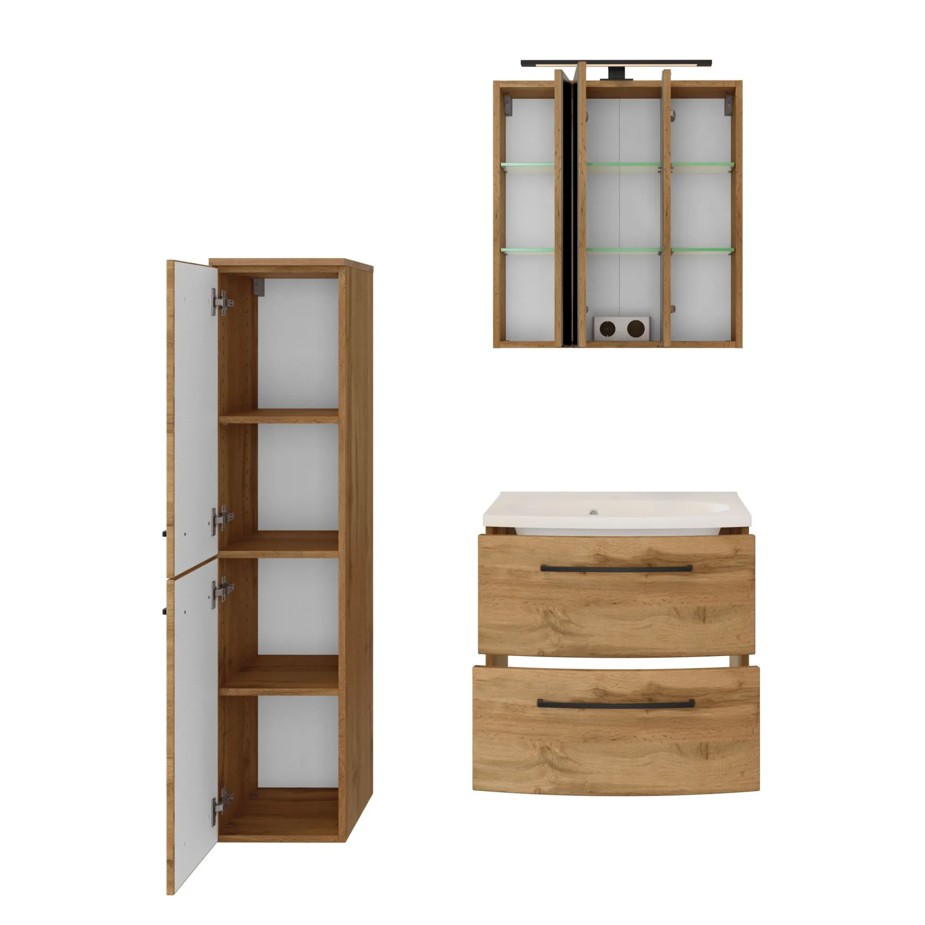 Badezimmerset Manchester | Waschtischschrank, Spiegelschrank, Säulenschrank | Wotan Eiche Design