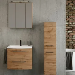 Badezimmerset Manchester | Waschtischschrank, Spiegelschrank, Säulenschrank | Wotan Eiche Design
