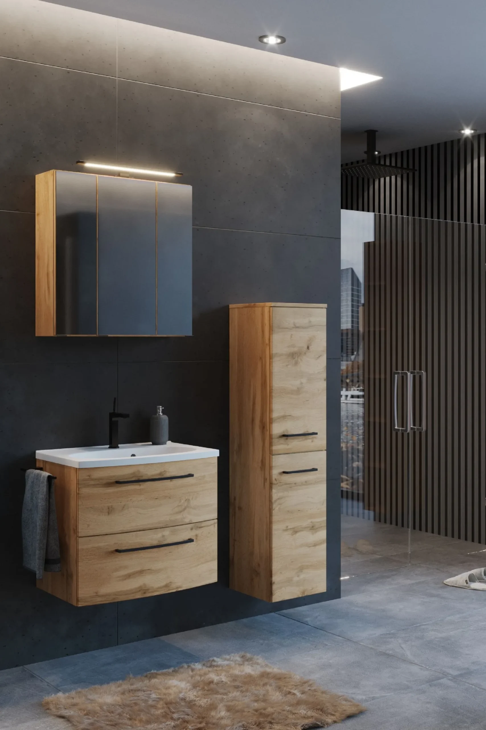 Badezimmerset Manchester | Waschtischschrank, Spiegelschrank, Säulenschrank | Wotan Eiche Design