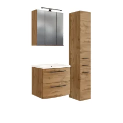 Badezimmerset Manchester | Waschtischschrank, Säulenschrank, Spiegelschrank mit Beleuchtung | Eiche Wotan