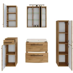 Badezimmerset Manchester | Waschtischschrank, Säulenschrank, Spiegelschrank mit Beleuchtung, Hängeschrank, Beistellschrank | Eiche Wotan