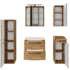 Badezimmerset Manchester | Waschtischschrank, Säulenschrank, Spiegelschrank mit Beleuchtung, Hängeschrank, Beistellschrank | Eiche Wotan