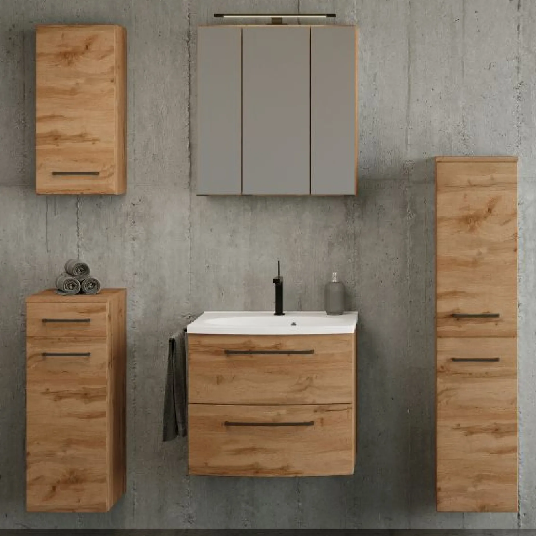 Badezimmerset Manchester | Waschtischschrank, Säulenschrank, Spiegelschrank mit Beleuchtung, Hängeschrank, Beistellschrank | Eiche Wotan