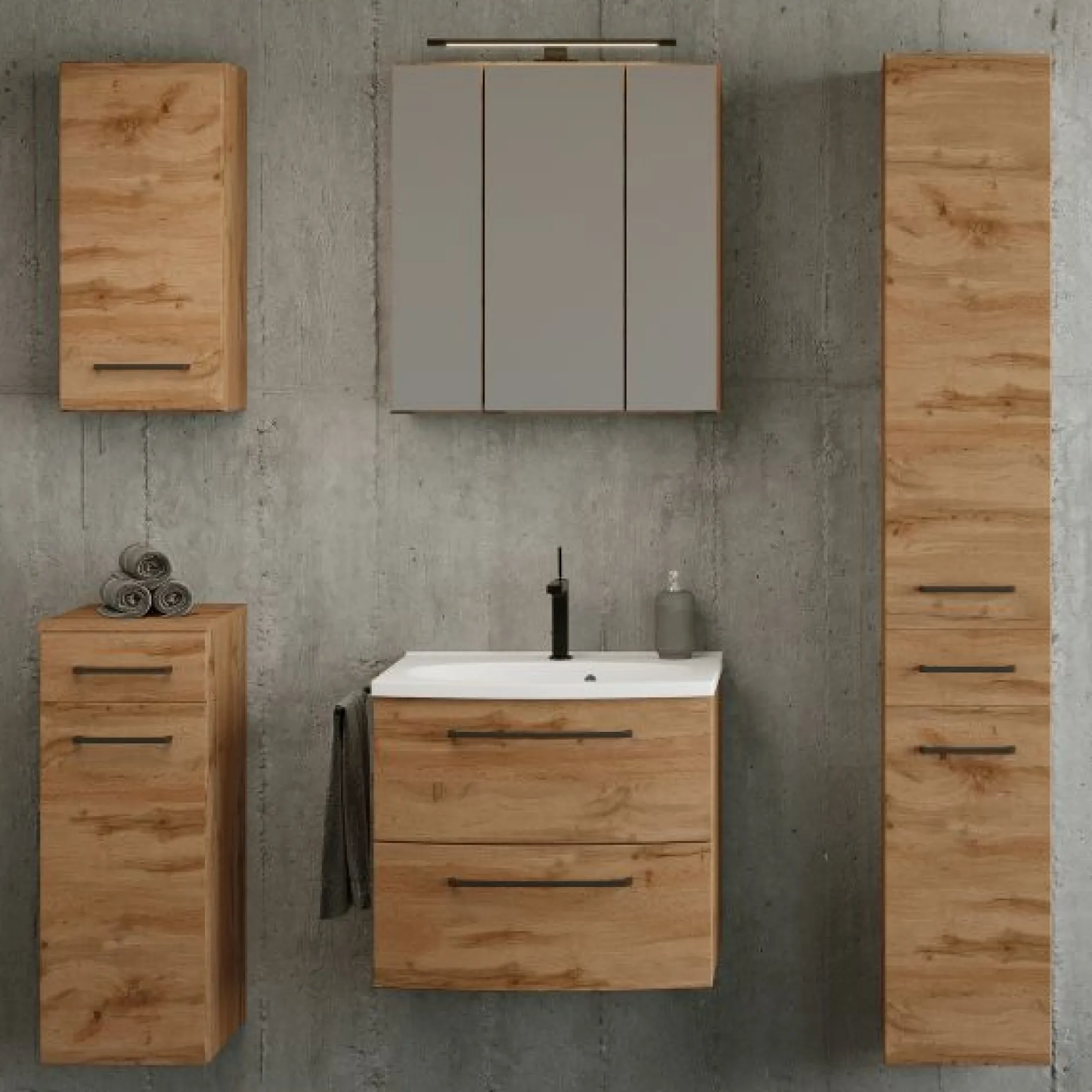 Badezimmerset Manchester | Waschtischschrank, Säulenschrank, Spiegelschrank mit Beleuchtung, Hängeschrank, Beistellschrank | Eiche Wotan