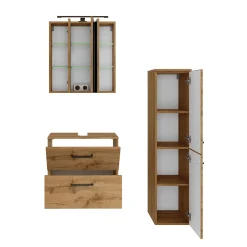 Badezimmerset Manchester | Waschtischschrank, Spiegelschrank, Säulenschrank | Wotan Eiche Design