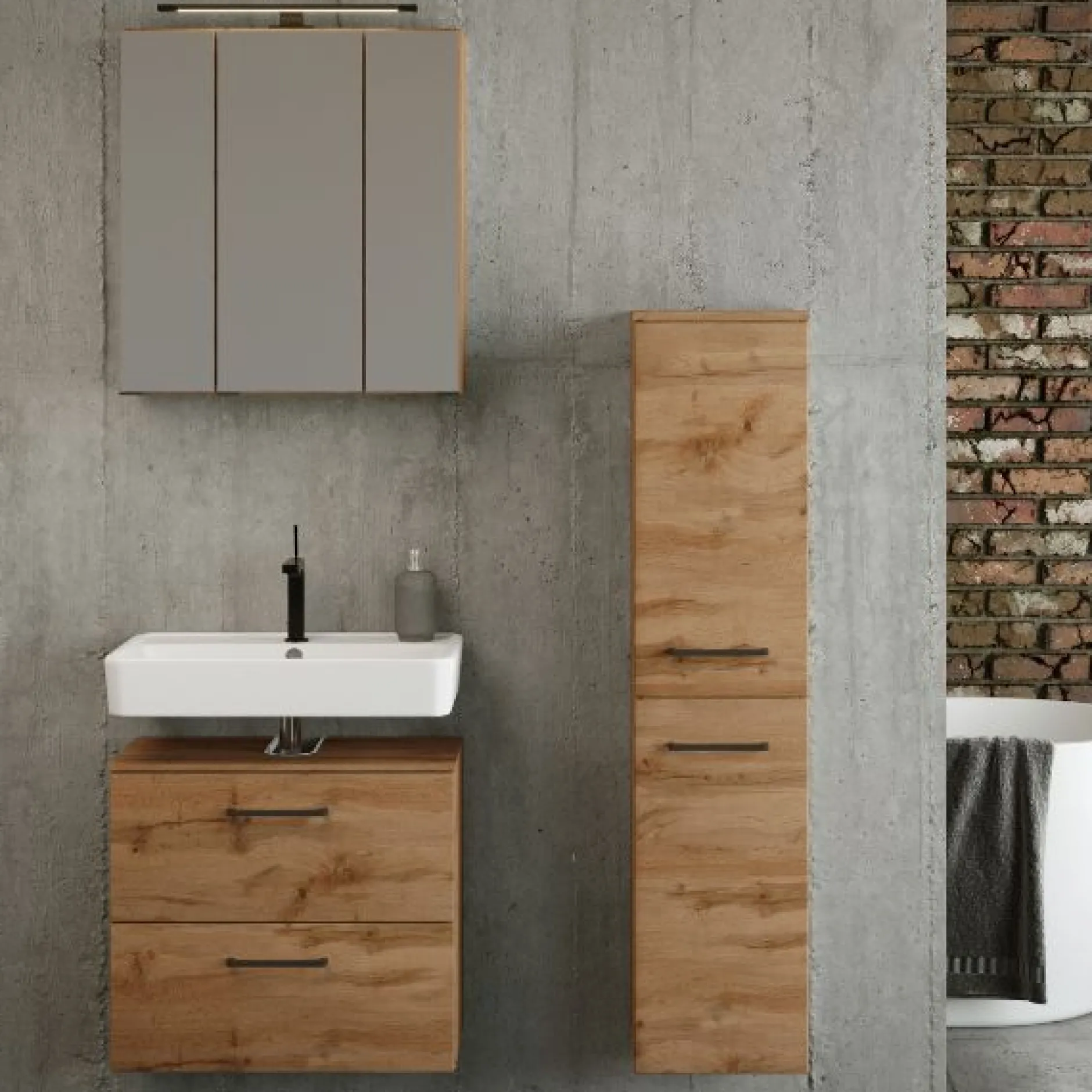 Badezimmerset Manchester | Waschtischschrank, Spiegelschrank, Säulenschrank | Wotan Eiche Design