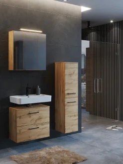 Badezimmerset Manchester | Waschtischschrank, Spiegelschrank, Säulenschrank | Wotan Eiche Design