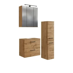 Badezimmerset Manchester | Waschtischschrank, Spiegelschrank, Säulenschrank | Wotan Eiche Design