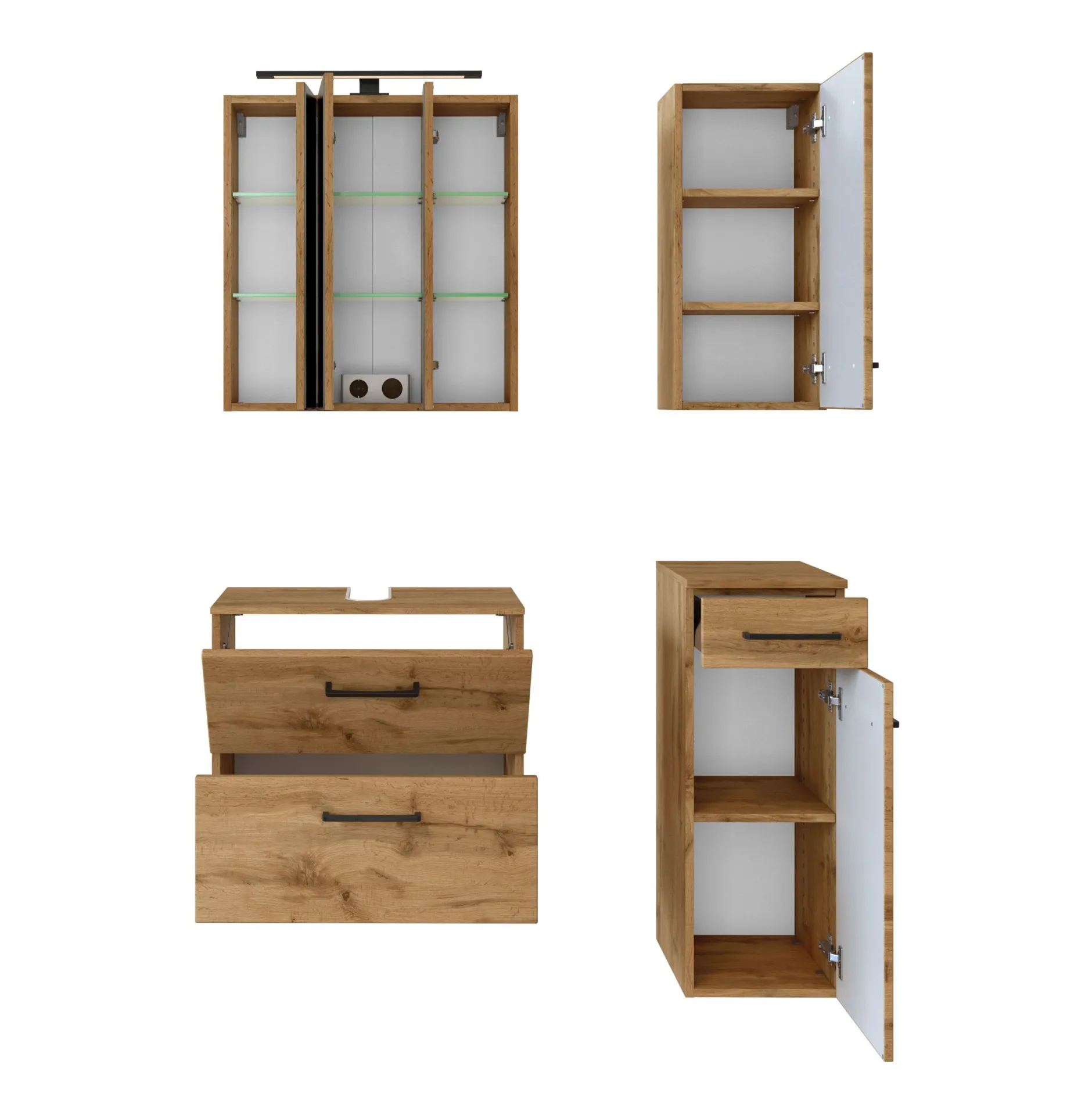 Badezimmerset Manchester | Waschtischschrank, Spiegelschrank, Hängeschrank, Beistellschrank | Wotan Oak Design