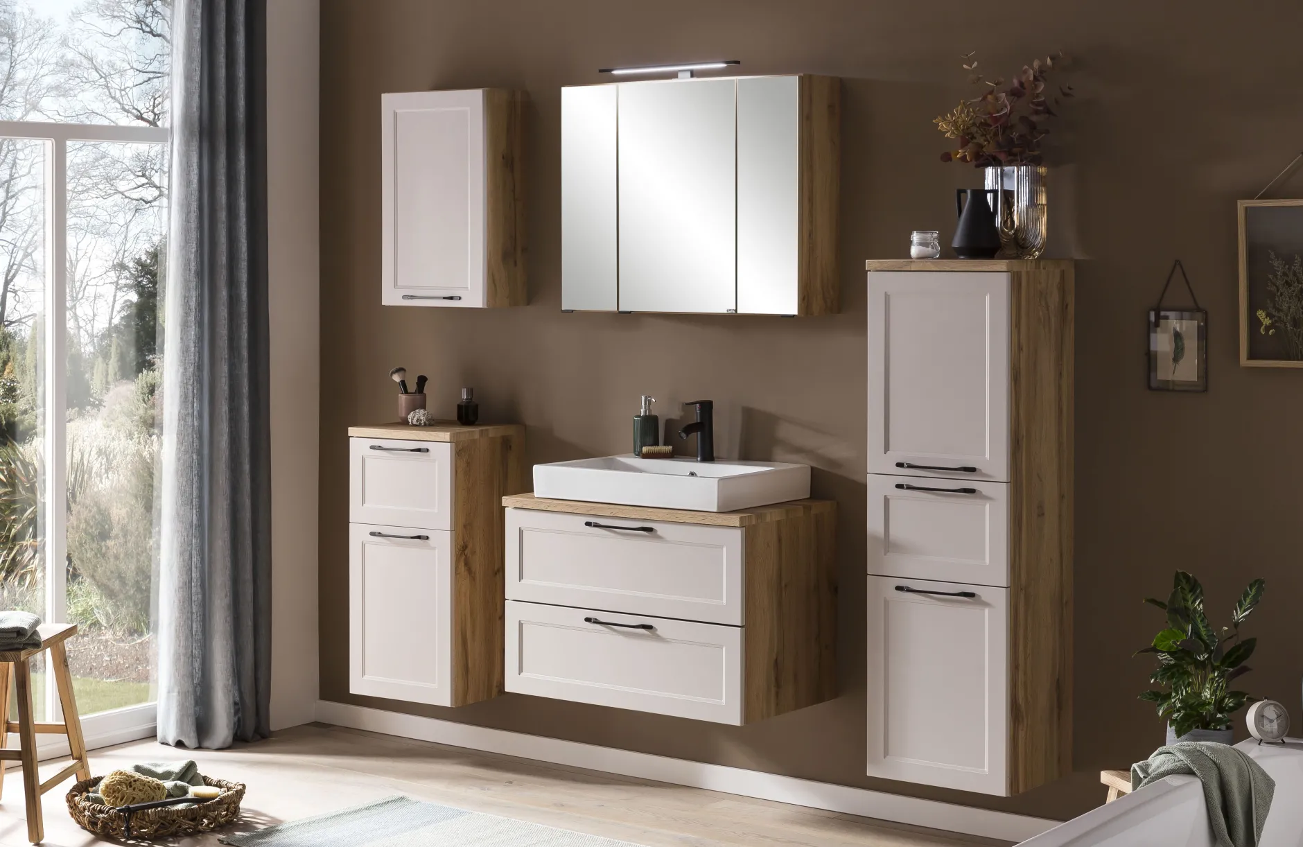Badezimmerset Meran | Waschbeckenschrank, Spiegelschrank mit Beleuchtung | Farbe Cashmere