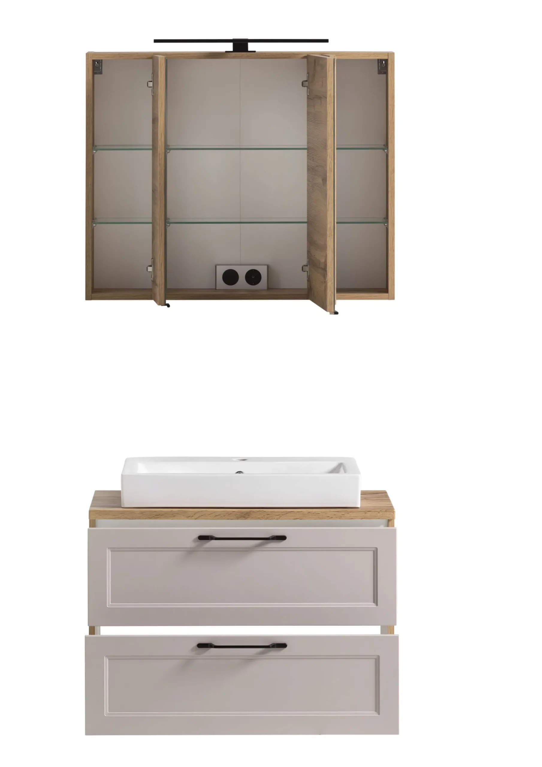 Badezimmerset Meran | Waschbeckenschrank, Spiegelschrank mit Beleuchtung | Farbe Cashmere