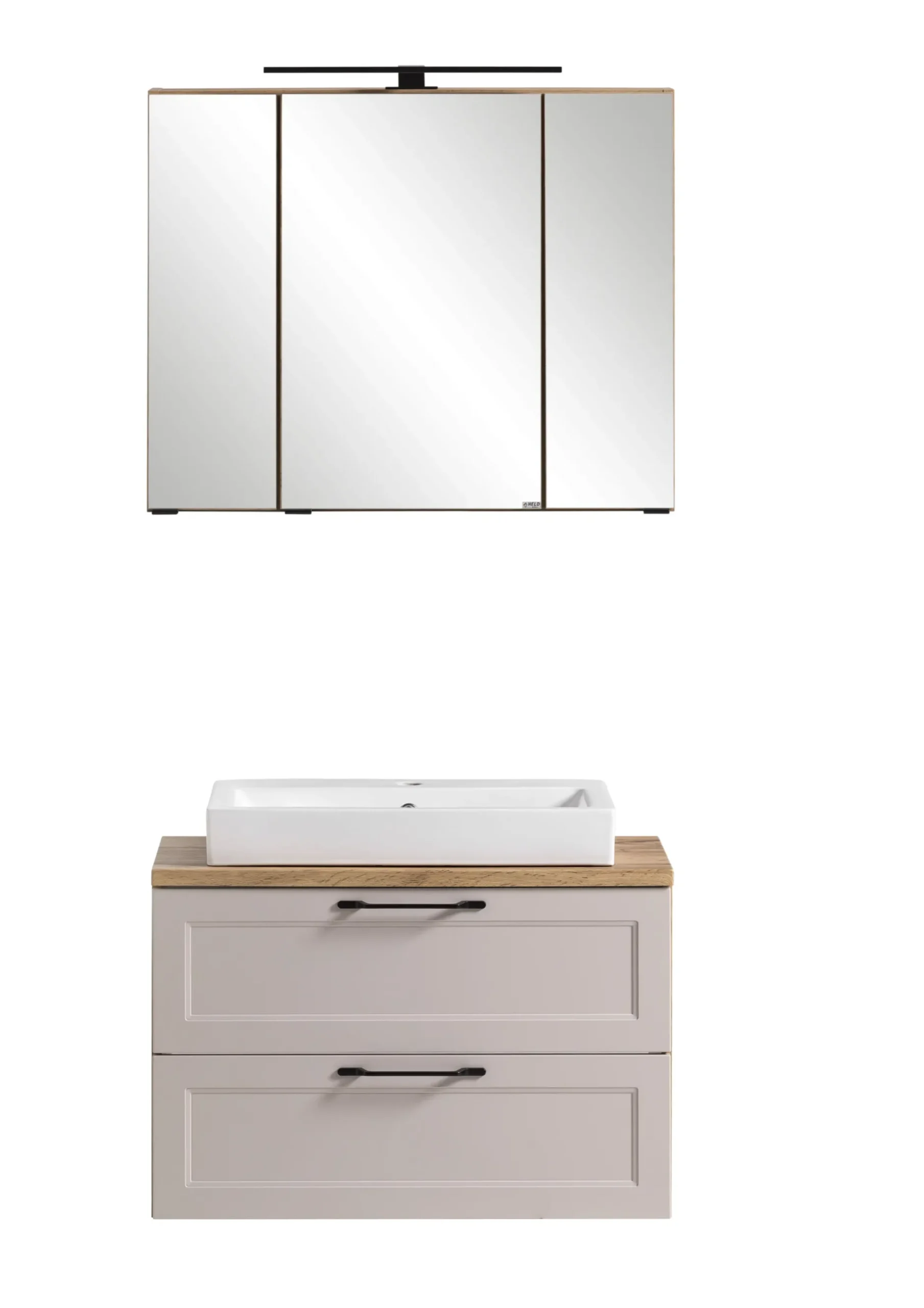 Badezimmerset Meran | Waschbeckenschrank, Spiegelschrank mit Beleuchtung | Farbe Cashmere